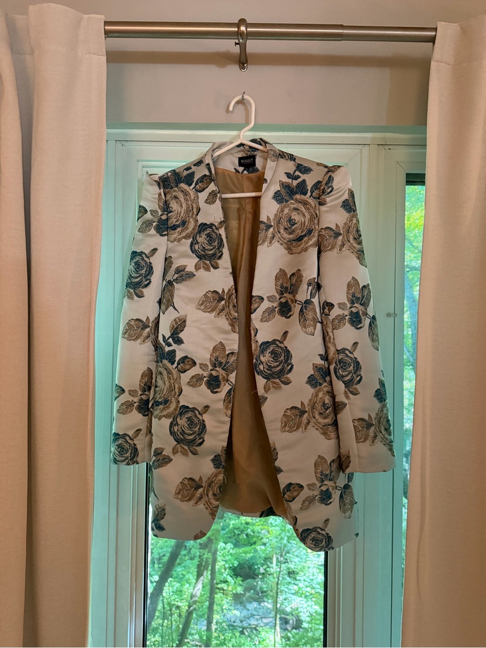 Floral Jacquard Longline Blazer - Cream with Blue & Brown Floral